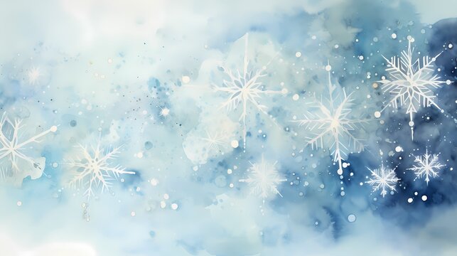 Winter watercolor background with snowflakes and bokeh lights © Tatiana