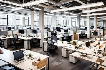 An open-plan office space with rows of cubicles and employees working diligently at their desks.