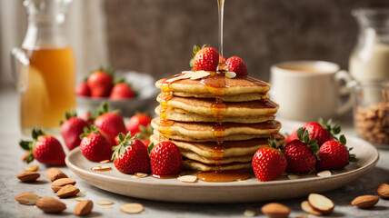 Stacked blueberry pancakes on plate with syrup fruits on white plate pancakes with strawberries red...