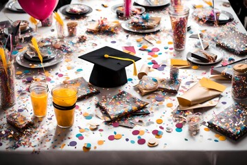 A table covered in confetti and party favors for a graduation party