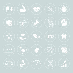 Vitality icon set for human-improving products. The outline icons are well scalable and editable. Contrasting elements are good for different backgrounds. EPS10.