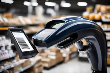 A close-up of a barcode scanner scanning a product's barcode in a retail store