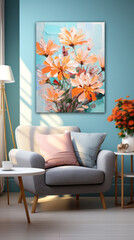 Interior of living room with armchair and flowers on blue wall.