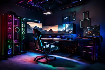 A high-end gaming setup with a gaming chair, multiple screens, and RGB lighting. - Powered by Adobe