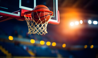 Detail of basket ball being dunk into the basketball net. - obrazy, fototapety, plakaty