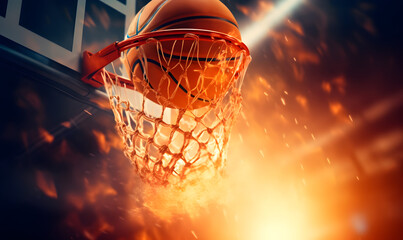 Obraz na płótnie Canvas Detail of basket ball being dunk into the basketball net on fire.