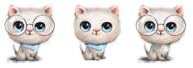 Cute watercolor kitten cat hand drawn print in eyeglasses, scarf, back to school study painting illustration set collection