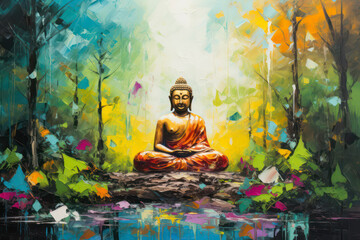 Illustration of meditating buddha statue - obrazy, fototapety, plakaty