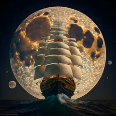 moon in geosynchronous orbit from the perspective of a sailor sailing on a ship  - obrazy, fototapety, plakaty