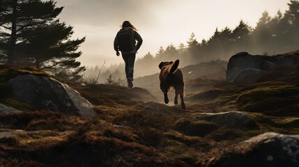 Dog running with its owner in mountain landscape. Active, healthy and adventurous lifestyle shared...