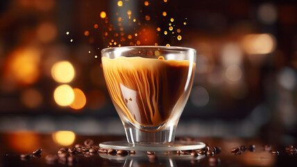 Coffee cup latte, espresso, milk foam decorated with autumn winter festive bokeh lightbulb christmas background, coffee beans roasted on a table copy space banner. - obrazy, fototapety, plakaty