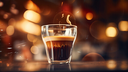 Fototapeta premium Coffee cup latte, espresso, milk foam decorated with autumn winter festive bokeh lightbulb christmas background, coffee beans roasted on a table copy space banner.