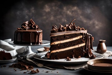 A slice of rich and decadent triple chocolate cake with layers of ganache and chocolate curls