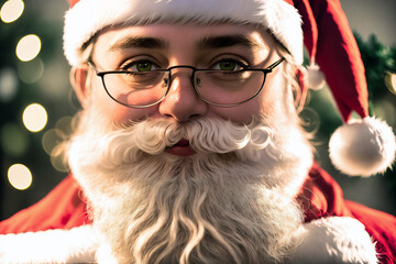 Merry Christmas. Santa Claus in the evening city lights of Christmas Eve