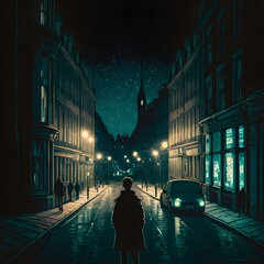 Obraz premium endless dublin streets at night drawn in anime style a mysterious person in the distance 