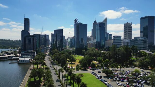 panoramic view of Perth cityscape skyscraper from Elizabeth Quay during a sunny blue sky day,