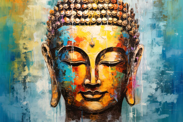 Illustration of Buddha with closed eyes - obrazy, fototapety, plakaty