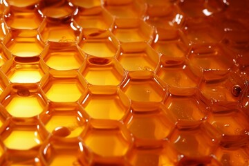 Close-up of honey. Sweet amber honey in honeycomb. Transparent honey flows down the honeycomb. Generative AI