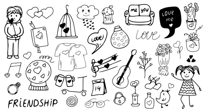 Big friendship and love clipart set. Hand drawn icons. Doodle collection with quotes, accessories, clothes, drinks, party decorations.