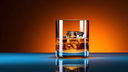 glass of whiskey on the rocks, with empty copy space on solid color background