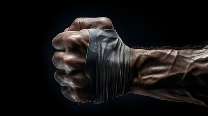 A man's fist wrapped in a rubber band on a black background