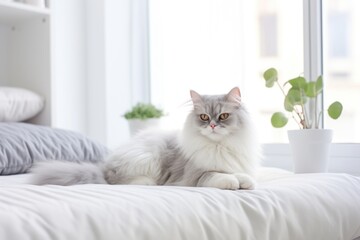 The cat is lying on a white bed in a modern bedroom.