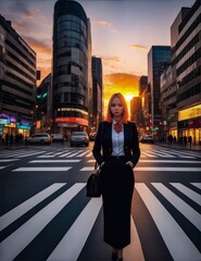 A woman standing in a crosswalk in a city.
