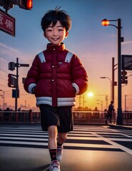 a young boy walking across a crosswalk in the city. He is wearing a bright red jacket and shorts, with his short black hair styled neatly