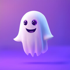 Cute Halloween ghost smiling on a purple background. Vector 3D illustration