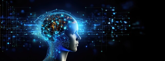 artificially intelligent, computerized intelligence in blue, technology concept, female face