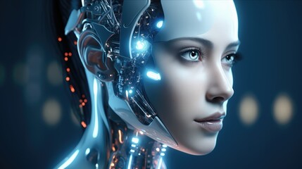 artificially intelligent, computerized intelligence in blue, technology concept, female face