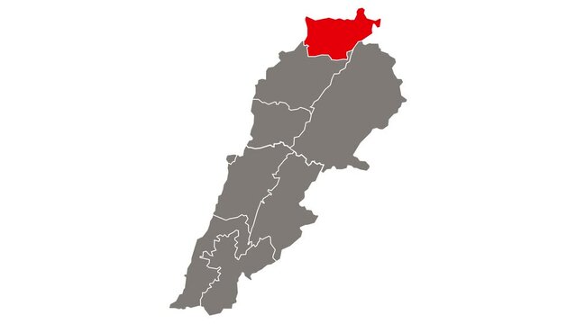 Akkar governorate blinking red highlighted in map of Lebanon
