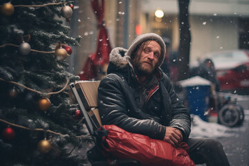 Homeless people at Christmas, concept of hopelessness, hardship and loneliness.