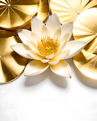 White lotus flower surrounded by golden lotus leaves on white background