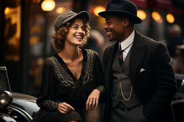 Happy Interracial Couple in 1920s American City Walking the Streets - obrazy, fototapety, plakaty
