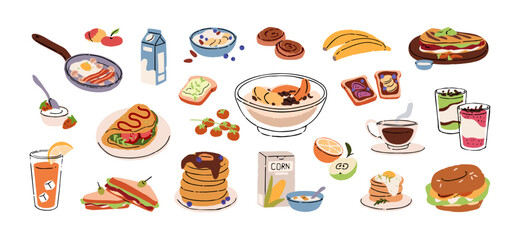 Breakfast set. Morning healthy meals: fried egg with bacon, pancakes, granola, omelette, pudding, cereal with milk, coffee. Tasty food, delicious dishes. Flat isolated vector illustration on white