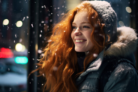 portrait of a woman in the city. woman was smiling happily.