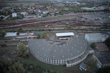 railway turntable or wheelhouse is a device for turning locomotives aerial panorama landscape view of train museum and railway station © Semi