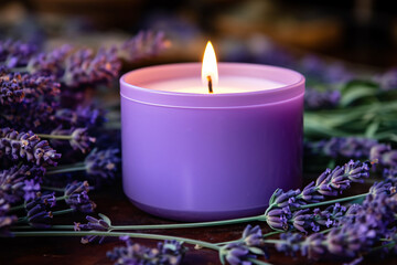 Obraz na płótnie Canvas A Close-Up View of a Lavender Aroma Candle, Radiating Tranquility and Calm, Capturing the Essence of Relaxation and Aromatherapy