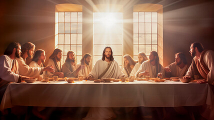 digital painting image of the representation of the last supper of Jesus Christ with his apostles - obrazy, fototapety, plakaty