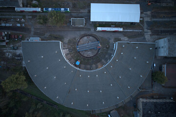 railway turntable or wheelhouse is a device for turning locomotives aerial panorama landscape view of train museum and railway station © Semi