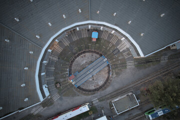 railway turntable or wheelhouse is a device for turning locomotives aerial panorama landscape view of train museum and railway station © Semi