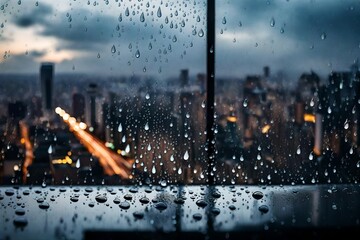 A close-up of raindrops on a windowpane with a blurred cityscape in the background.