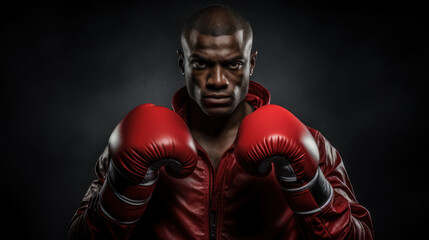 Fototapeta na wymiar Black boxer wearing red gloves ready to fight on the isolated background