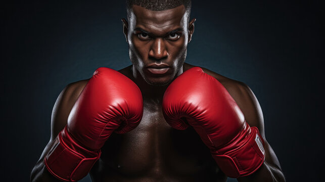 Black boxer wearing red gloves ready to fight on the isolated background