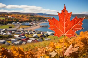 Cape Breton: name of Canadian town in Nova Scotia province, pictured with Canadian maple leaf. Generative AI - obrazy, fototapety, plakaty