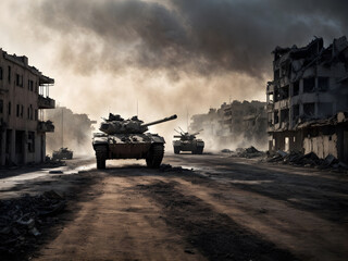 Tanks in the road of a destroyed city 