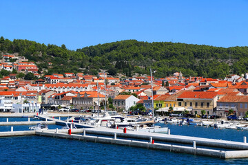 Promenade in Vela Luka, picturesque small town on island Korcula, Croatia.