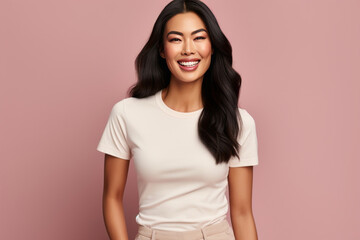 Obraz premium Portrait of a smiling Asian woman wearing a plain beige t-shirt, isolated on solid color background.