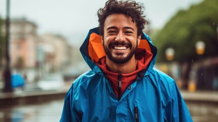 Fototapeta premium A man wearing a raincoat faces the rain, his portrait radiating inner strength and tranquility.